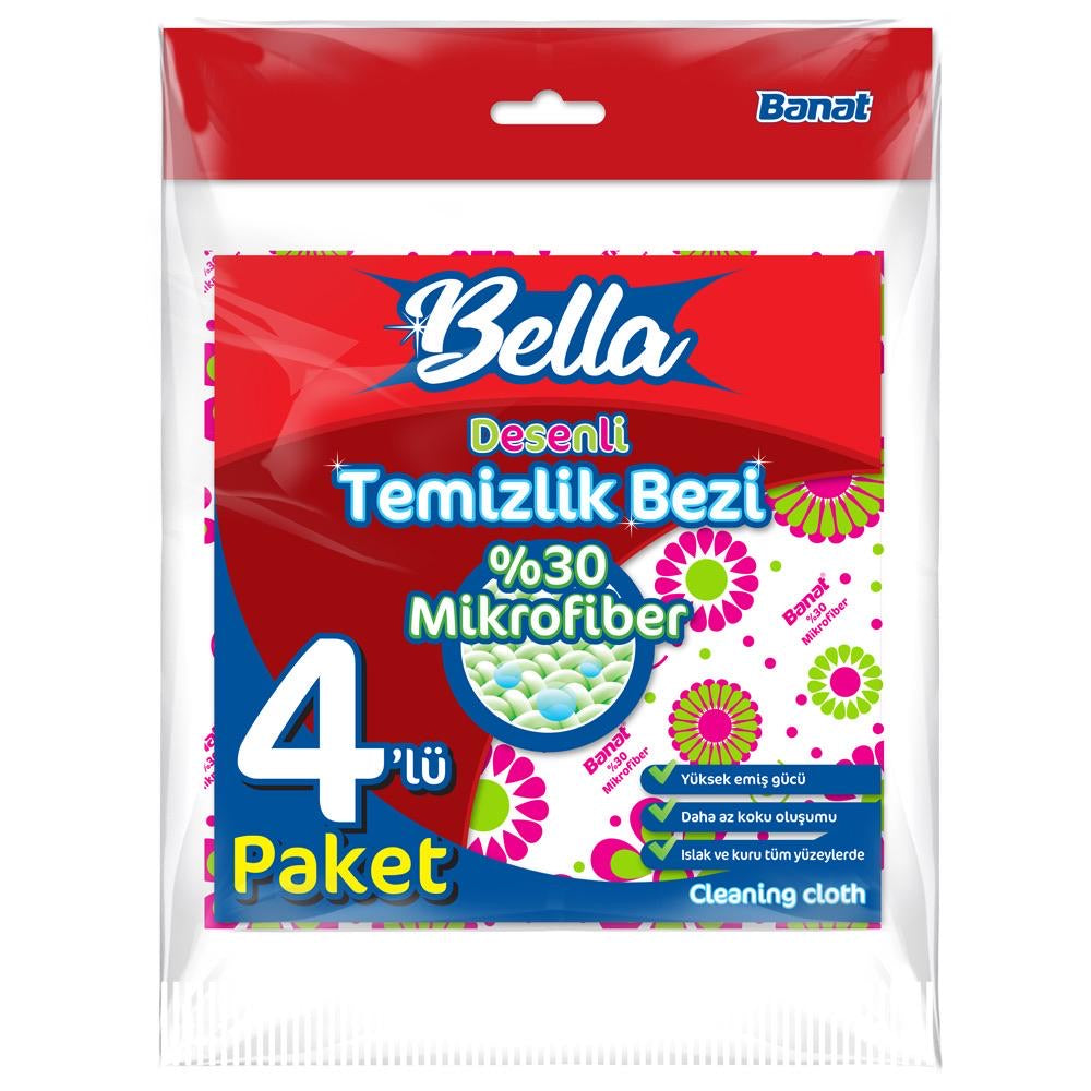 Bella Desenli %30 Mikrofiber Temizlik Bezi 4'lü Paket